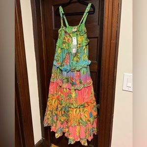 Farm Rio Ombre Forest Tiered Maxi Dress Floral Cotton Drawstring Rainbow L